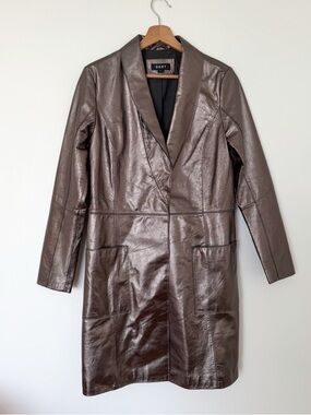 DKNY Gun Metal Silver Metallic Lamb Leather Trench Coat